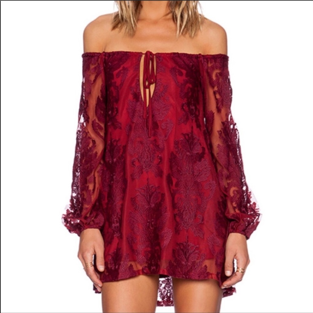 For Love & Lemons Off-Shoulder Mini Dress in Burgundy
